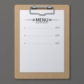 Classic restaurant menu on paper sheet in clipboard. Vector template