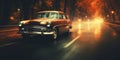 Classic Retro Car Driving Down An Autumn Road. Vintage Automobile On Fall Season Highway At Sunset. Generative AI Royalty Free Stock Photo