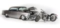 Classic Retro style Chevrolet Coup 1956 and Harley Davidson CVO Motorbike White Background, Isolated. Vintage U.S. Car. Royalty Free Stock Photo