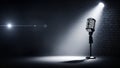 Vintage Microphone Under Spotlight on Brick Wall Stage Royalty Free Stock Photo