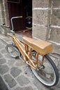 Classic retro vintage antique bamboo bicycle philippine style stop front of local house wait Filipino people and travelers foreign