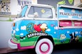 Classic Retro Volkswagen Van Transporter with Customized Hippy Style Paint, Transformed into a Canteen and Serves Ice Cream