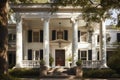 classic revival-style house, with detailed columns and ornate entryway