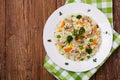 Classic Risotto with mushrooms and vegetables served on a white plate Royalty Free Stock Photo