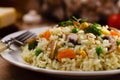 Classic Risotto with mushrooms and vegetables served on a white plate Royalty Free Stock Photo