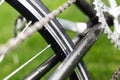 Classic road bicycle close-up photo in the summer green grass meadow field. Travel background Royalty Free Stock Photo