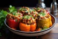 Classic roasted stuffed peppers in a pan Royalty Free Stock Photo