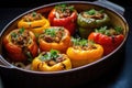 Classic roasted stuffed peppers in a pan Royalty Free Stock Photo