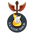 Classic rock music label with a electric guitar and wings