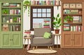 Classic room interior with bookcases and an armchair. Cartoon vector illustration