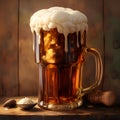 Classic root beer in frosted mug with overflowing foam, rustic wood surface, neutral wall background Royalty Free Stock Photo