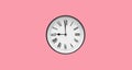 Classic round wall clock with roman numerals isolated on pink background