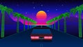 Classic 80s car ride on the road with palm trees, mountains and sunset. Retrowave or synthwave arcade game view with