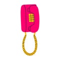 Classic 80s 90s pink home phone in modern style flat, line style. Hand drawn vector. Fashion patch, badge, emblem.