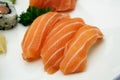 Classic salmon sushi nigiri. Japanese food, close-up. Royalty Free Stock Photo