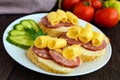 Classic sandwich with sausage and cheese on white baguette. Breakfast Royalty Free Stock Photo