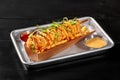 Classic sausage corn dog with french fries, sweet chili and cheddar sauces