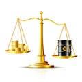 Classic scales with an oil barrel and gold coins, on white background Royalty Free Stock Photo