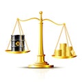 Classic scales with an oil barrel and gold coins, on white background Royalty Free Stock Photo