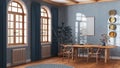 Classic scandinavian dining room in blue and beige tones. Wooden table with chairs, parquet and frame mockup. Japandi interior