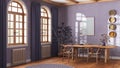 Classic scandinavian dining room in purple and beige tones. Wooden table with chairs, parquet and frame mockup. Japandi interior