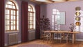 Classic scandinavian dining room in red and beige tones. Wooden table with chairs, parquet and frame mockup. Japandi interior