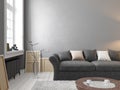 Classic scandinavian gray interior with sofa, table, window, carpet.