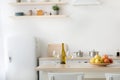 Classic scandinavian kitchen with wood and white details, minimalist interior design, rent
