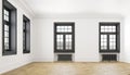 Classic scandinavian white empty interior with windows, parquet and heating batteries. Big room.