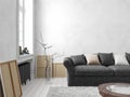 Classic scandinavian white interior with sofa, table, window, carpet. Royalty Free Stock Photo