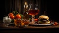 Classic Scene: Burger And Brandy On Wooden Table With Rustic Charm