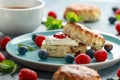 Classic scones with clotted cream, strawberries jam, english Tea and other fruit Royalty Free Stock Photo