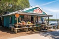 classic seafood shack, with picnic tables and paper plates, serving crab legs and scallops