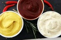 Classic set of sauces in white saucers: American yellow mustard, ketchup, mayonnaise. Royalty Free Stock Photo
