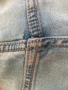 Classic sewing stitch. Light blue boiled vintage jeans.