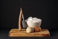 Classic Shaving Equipment With Razor, Brush, and Soap on Wooden Stand Against Dark Background Royalty Free Stock Photo