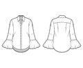 Classic shirt technical fashion illustration with sharp collar, voluminous fluted cuffs, long sleeves, oversized