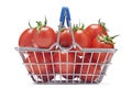 Classic shopping cart with small red tomatoes isolated on white background Royalty Free Stock Photo