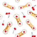 Classic sicilian cannoli with ricotta cheese and red cherry watercolor illustration seamless pattern on white background