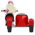 Classic sidecar motorcycle with blond girl rider back view isolated on white vector illustration Royalty Free Stock Photo