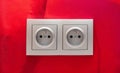 Classic simple european eu double electrical outlet, 220W sockets on the wall, socket object detail, macro, closeup, front view