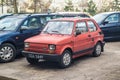 Classic old veteran popular cheap small Polish red compact city car Polski Fiat 126p front view Royalty Free Stock Photo