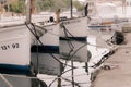 Classic small wood boats, llauts, moored in harbor Royalty Free Stock Photo