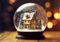 Classic snow globe with christmas house and snow on wooden table.Macro.AI Generative Royalty Free Stock Photo