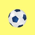 Classic soccer ball with blue and white hexagons. Isolated on a yellow background. 3d render