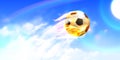 Classic soccer ball or soccer ball flying in a sky like with fiery flames