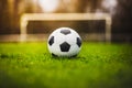 Classic soccer ball in sunset  with typical black and white pattern, placed on stadium turf. Traditional football ball on the Royalty Free Stock Photo