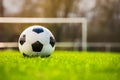 Classic soccer ball in sunset  with typical black and white pattern, placed on stadium turf. Traditional football ball on the Royalty Free Stock Photo