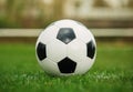 Classic soccer ball, typical black and white pattern, placed on the free kick spot of the stadium turf. Traditional football ball Royalty Free Stock Photo