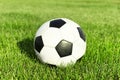 Classic soccer ball, typical black and white pattern, placed on spot of the stadium turf. Traditional football ball on the green Royalty Free Stock Photo